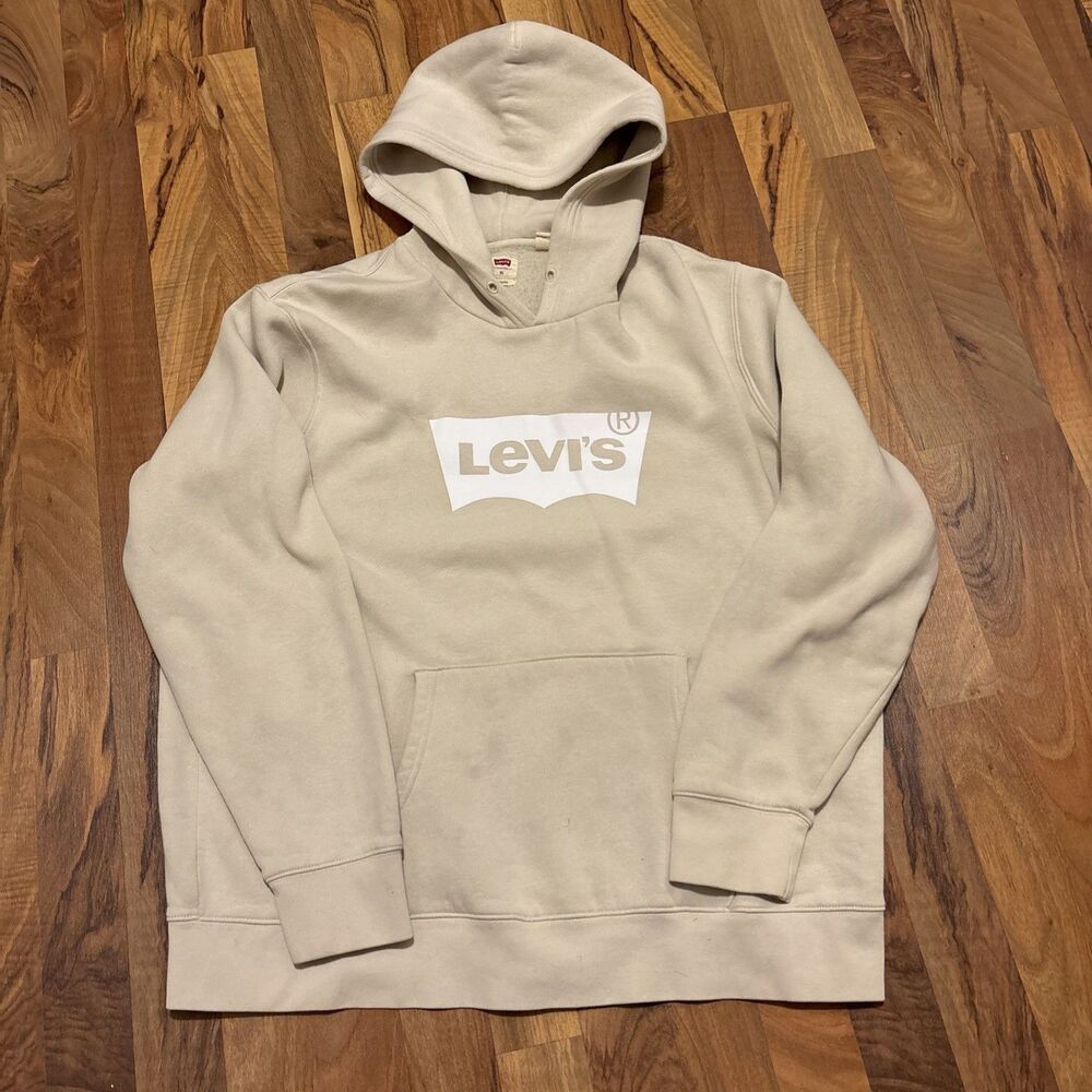 Levis Mens XL Standard Fit Hoodie Long Sleeve Hooded Sweatshirt Beige White